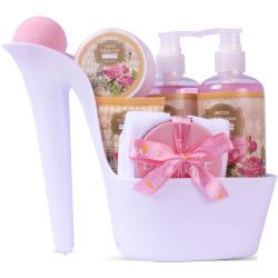 Luxury Heel Shoe Spa Gift Set for Women - 8 Pcs Christmas Gift, Rose Scented Bath Set w Shower Gel, Bubble Bath, Body Butter, Body Lotion and More - Birthday Spa Basket, Gift for Mom by Draizee