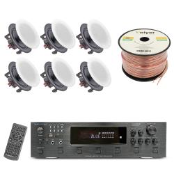 Home Theater System Kit, 6-Channel 6000 Watts Bluetooth Amplifier with 525" Frameless 6 QTY of 175 W in-Wall in-Ceiling Speakers and 16 Gauge 250 ft Spool of Speaker Zip Wire by Vaiyer