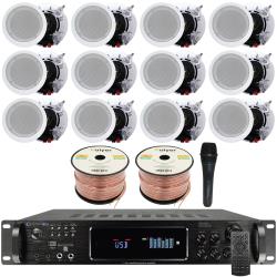 Vaiyer Home Stereo System Kit - 72 Channel 4500 Watts Bluetooth Amplifier with 12 QTY of 65" Ceiling Speakers 200W Each, Mic, 16 AWG 500 ft Speaker Wire and Remote for Home, Bar, Office, Restaurant