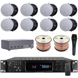 Vaiyer Home Audio System Kit 72 Channel 4500 Watts Bluetooth Amplifier w 8 QTY of 525" Frameless Ceiling Speakers 175W Each, 4-Ch Speaker Selector, Mic, 16 AWG 500 ft Speaker Wire and Remote