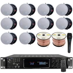 Vaiyer Home Audio System Kit - 72 Channel 4500 Watts Bluetooth Amplifier w 10 QTY of 525" Frameless Ceiling Speakers 175W Each, Mic, 16 AWG 500 ft Speaker Wire and Remote for Home, Office, Bar