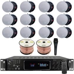 Vaiyer Home Audio System Kit - 72 Channel 4500 Watts Bluetooth Amplifier w 12 QTY of 525" Frameless Ceiling Speakers 175W Each, Mic, 16 AWG 500 ft Speaker Wire and Remote for Home, Office, Restaurant