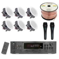 Home Audio System Kit - 6 Channel 6000 Watts Bluetooth Amplifier w 6 QTY of 65" Frameless in-Wall in-Ceiling Speakers 200W Each, 2 QTY of Wired Mic, 250 ft Speaker Wire and Remote by Vaiyer
