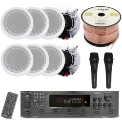 Home Stereo System Kit - 6 Channel 6000 W Bluetooth Amplifier w 8 QTY of 525" in-Wall in-Ceiling Speakers 175W Each, 2 QTY of Wired Mic, 500 ft Speaker Wire and Remote by Vaiyer