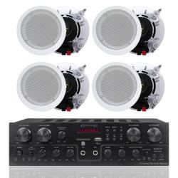 Technical Pro 4 Channel 1000 Watts 4 Speaker Bluetooth Receiver with RCA, USB with 2 Pairs of 65” Ceiling Wall Mount Frame-less Speakers - 2-Way Mid bass Woofer Speaker 05 Mylar tweeters Flush Design w 80Hz - 20kHz