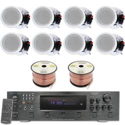 Technical Pro Home Theater System Kit - 6 Channel 6000 Watts Bluetooth Amplifier, 8 QTY of 8” Framed Ceiling Speakers 300 W Each, 16 AWG 500 ft Speaker Wire and Remote Ideal for Home, Office, Restaurant