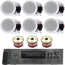 Technical Pro Home Stereo System Kit - 6 Channel 6000 Watts Bluetooth Amplifier w 6 Qty of 8” Framed Ceiling Speakers 300 W Each, 300 ft Speaker Wire and Remote for Living Room, Office, Commercial, Bar