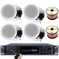 Technical Pro Home Stereo System Kit – 72 channel 2500 Watts Bluetooth Amplifier w 4 Qty of 8” Framed Ceiling Speakers 300 W Each and 200 ft Speaker Wire and Remote Ideal for Home, Office, Restaurant