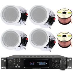 Technical Pro Home Stereo System Kit - 72 Channel 4500 Watts Bluetooth Amplifier w 4 QTY of 8" Framed Ceiling Speakers 300 W Each, 200 ft Speaker Wire and Remote Ideal for Home, Office, Commercial