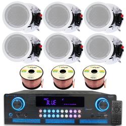 Technical Pro Home Theater Sound System Kit - 2000 Watts Bluetooth Amplifier w 6 QTY of 8" Framed Ceiling Speakers 300 W Each, 300 ft Speaker Wire and Remote for Home, Bar, Office, Restaurant, Commercial Use