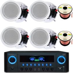 Technical Pro Home Theater Sound System Kit - 1000 Watts Bluetooth Amplifier w 4 QTY of 8" Framed Ceiling Speakers 300 W Each, 100 ft Speaker Wire and Remote Perfect for Home, Office, Bar, Restaurant