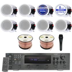 Technical Pro Home Theater Sound System Kit - 6 Channel 6000 Watts Bluetooth Amplifier, 8 QTY of 8” Framed Ceiling Speakers 300 W Each, Mic, 500 ft Speaker Wire and Remote for Home, Office, Restaurant