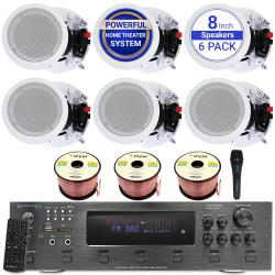 Technical Pro Home Audio Sytem Kit - 6 Channel 6000 Watts Bluetooth Amplifier w 6 Qty of 8” Framed Ceiling Speakers 300 W Each, Mic, 300 ft Speaker Wire and Remote Ideal for Living Room, Office, Bar