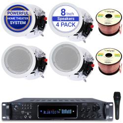 Technical Pro Home Stereo System Kit – 72 channel 2500 W Bluetooth Amplifier w 4 Qty of 8” Framed Ceiling Speakers 300 W Each, Mic, 200 ft Speaker Wire and Remote Ideal for Home, Office, Restaurant