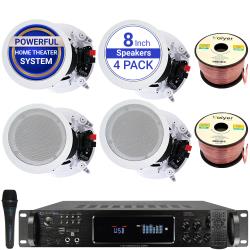 Technical Pro Home Stereo System Kit - 72 Channel 4500 W Bluetooth Amplifier w 4 QTY of 8" Framed Ceiling Speakers 300 W Each, Mic, 200 ft Speaker Wire and Remote Ideal for Home, Office, Commercial