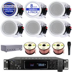 Technical Pro Home Audio System Kit - 72 Channel 4500 Watts Bluetooth Amplifier w 6 QTY of 8" Framed Ceiling Speakers 300 W Each, Mic, 4-Ch Speaker Selector, 16 AWG 300 ft Speaker Wire and Remote