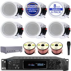 Technical Pro Sound System Kit - 72 Channel 1500 Watts Bluetooth Amplifier w 6 QTY of 8" Framed Ceiling Speakers 300 W Each, Mic, 4-Ch Speaker Selector, 16 AWG 300 ft Speaker Wire and Remote