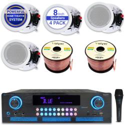 Technical Pro Home Theater Sound System Kit - 2000 W Bluetooth Amplifier w 4 QTY of 8" Framed Ceiling Speakers 300 W Each, Mic, 200 ft Speaker Wire and Remote for Living Room, Office, Commercial, Bars