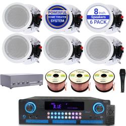 Technical Pro Complete Sound System Kit - 2000 Watts Bluetooth Amplifier w 6 QTY of 8" Framed Ceiling Speakers 300 W Each, 4-Ch Speaker Selector, Mic, 300 ft Speaker Wire and Remote