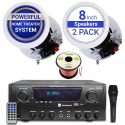 Technical Pro Home Audio Sound System Kit - 1000 W Bluetooth Amplifier w 2 QTY of 8" Framed Ceiling Speakers 300 W Each, Mic, 50 ft Speaker Wire and Remote Perfect for Home, Office, Restaurant, Bar