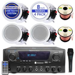 Technical Pro Home Theater Sound System Kit - 1000 W Bluetooth Amplifier w 4 QTY of 8" Framed Ceiling Speakers 300 W Each, Mic, 100 ft Speaker Wire and Remote Perfect for Home, Office, Bar, Restaurant