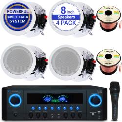 Technical Pro Sound System Kit - 1000 W Bluetooth Amplifier w 4 QTY of 8" Framed Ceiling Speakers 300 W Each, Professional Mic, 100 ft Speaker Wire and Remote Perfect for Home, Office, Bar, Restaurant