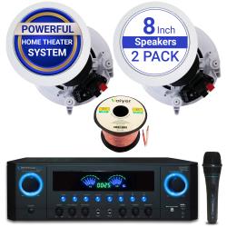 Technical Pro Home Audio System Kit - 1000 W Bluetooth Amplifier w 2 QTY of 8" Framed Ceiling Speakers 300 W Each, Wired Mic, 50 ft Speaker Wire and Remote Perfect for Home, Office, Restaurant Use