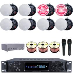 Technical Pro Home Audio System Kit - 72 Channel 1500 W Bluetooth Amplifier w 8 QTY of 65" Frameless Ceiling Speakers 200W Each, 4-Ch Speaker Selector, 2 Qty of Mic, 300 ft Speaker Wire and Remote