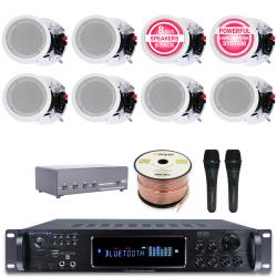 Technical Pro Home Stereo System Kit - 72 Channel 1500W Bluetooth Amplifier w 8 QTY of 65" Ceiling Speakers 200W Each, 4-Ch Speaker Selector, 2 QTY of Mic, 250 ft Speaker Wire and Remote