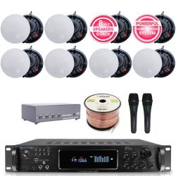 Technical Pro Sound System Kit - 72 Channel 1500 W Bluetooth Amplifier w 8 QTY of 525" Frameless Ceiling Speakers 175W Each, 4-Ch Speaker Selector, 2 QTY of Mic, 250 ft Speaker Wire and Remote