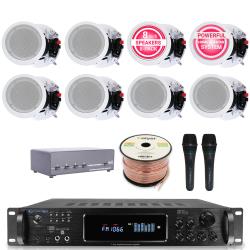 Technical Pro Home Audio System Kit - 72 Channel 1500W Bluetooth Amplifier w 8 QTY of 525" Ceiling Speakers 175W Each, 4-Ch Speaker Selector, 2 QTY of Mic, 250 ft Speaker Wire and Remote