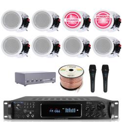 Technical Pro Home Audio System Kit - 72 Channel 1500W Bluetooth Amplifier w 8 QTY of 8" Framed Ceiling Speakers 300 W Each, 4-Ch Speaker Selector, 2 QTY of Mic, 250 ft Speaker Wire and Remote