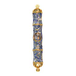 Matashi Dark Blue Jeweled Enamel Mezuzah with Gold Accents and Stunning Crystals, Jewish Mezuzah with Scroll for Door, Hand Painted Judaica Gift for Home Blessing and Protection