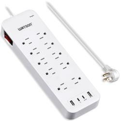 Watson 10-Outlet Surge Protector with 2 USB-C and 2 USB-A Ports – 2450 Joules Surge Protection, 6 Right-Angle Plug Cord, Rear Wall Mounts, LED Indicator – Power Strip for Home or Office Use, White