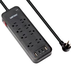 Watson 8-Outlet Surge Protector with 4 USB Ports, 2450 Joules, 6 Cord with NEMA 5-15P Right-Angle Plug, Rear Wall Mounts, LED Indicator – (Black), Perfect for Home and Office Electronics Use