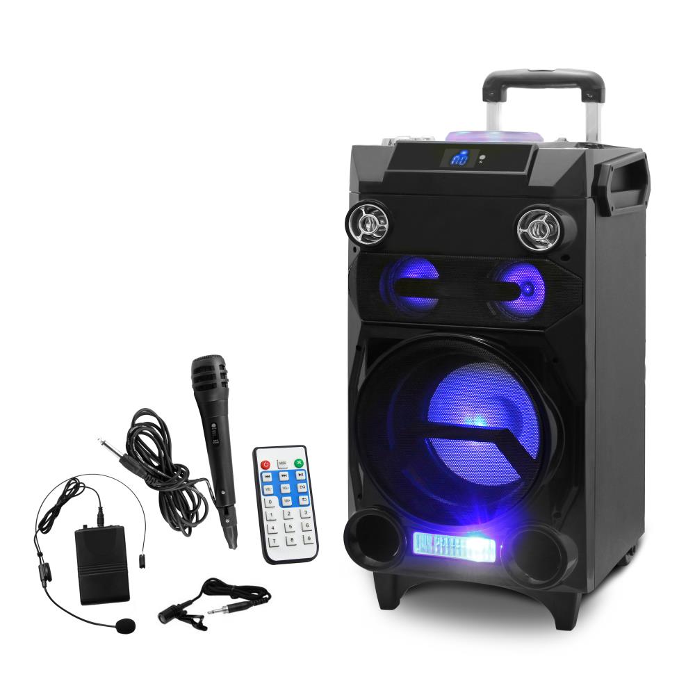 pyle karaoke speaker portable system wireless bluetooth radio dj headset mic battery lights built pa fm sd rechargeable usb loudspeaker