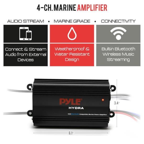 Pyle PLMRMB4CB Bluetooth Marine Amplifier Kit, 4-Ch. Waterproof Audio